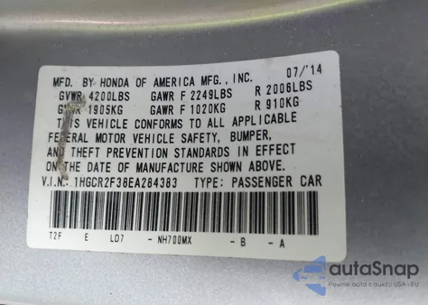 2014 Honda Accord Lx z USA, uszkodzony, nr VIN 1HGCR2F38EA284383